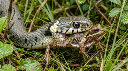 Fototapeta premium close up of a grass snake (natrix natrix) swallowing a frog isolated on transparent background