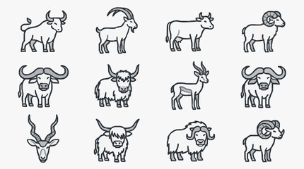 Fototapeta premium Elegant Black and White Line Drawing Set of Various Horned Animals and Cattle Illustrations with high quality professional line art symbols for modern creative design and digital branding projects