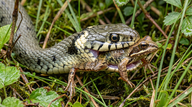close up of a grass snake (natrix natrix) swallowing a frog isolated on transparent background