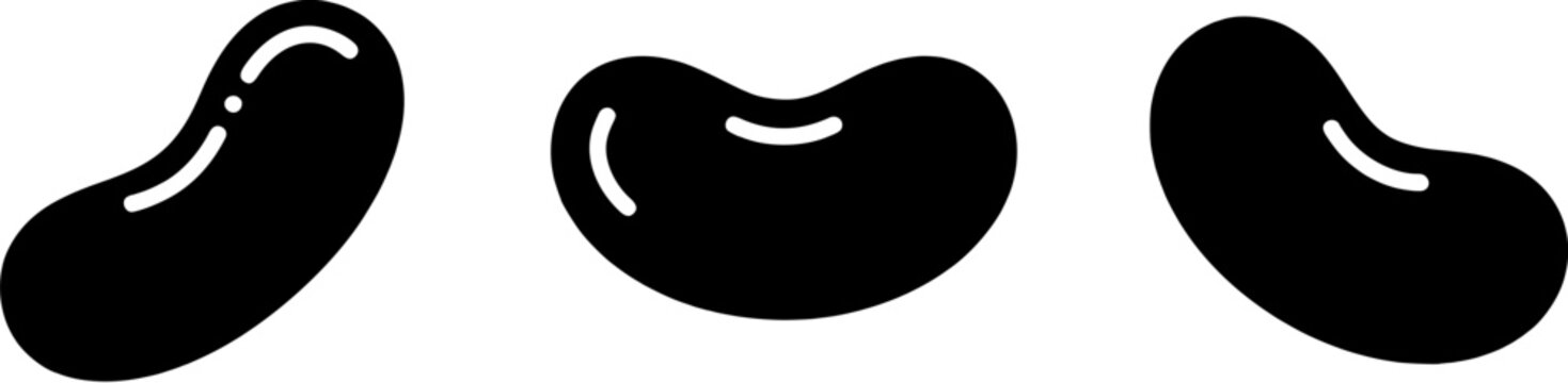 Kidney bean icon set in a flat black silhouette style including legumes, pulses and vegetable symbols. Editable vector illustration isolated on white background.