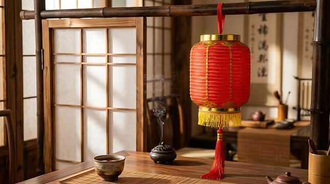A traditional Japanese room with a red lantern hanging from the ceiling displays various decorative items on a wooden table and floor.