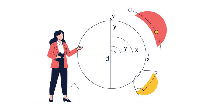 Math teacher explaining geometry lessons with large coordinate circle diagram and trigonometric charts.