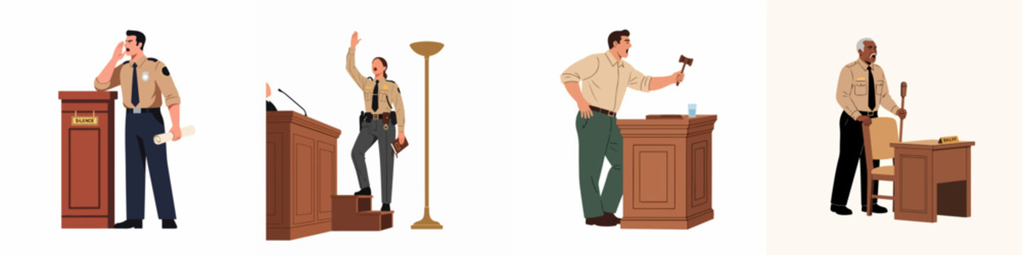 Set of four flat vector illustrations featuring diverse courtroom staff members like bailiffs and officers in various active poses during a legal trial.