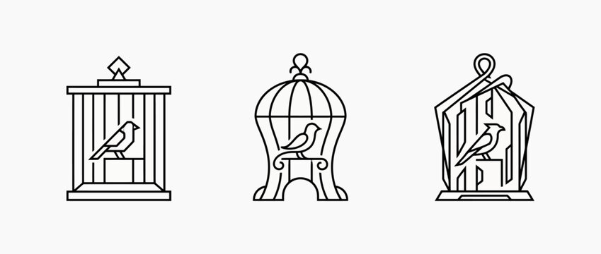 Three distinct black line art bird cages with birds perched inside minimalist illustration