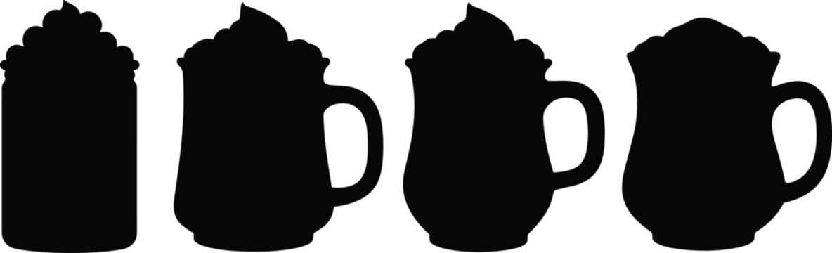 Set of coffee mugs with whipped cream silhouettes silhouette beverage cappuccino collection breakfast caffeine isolated illustration restaurant