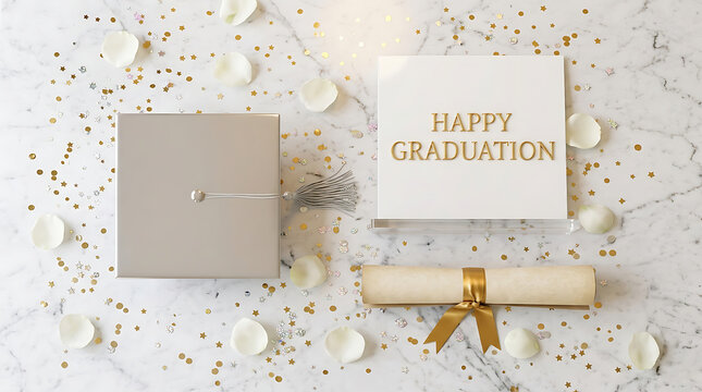 Graduation cap and diploma on marble surface with confetti and celebration decorations