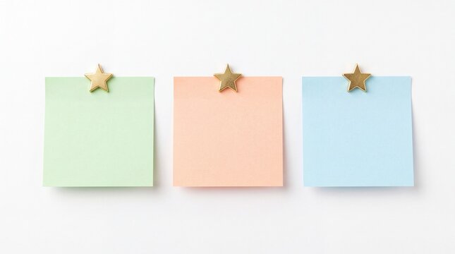 Three colorful sticky notes held by golden star magnets