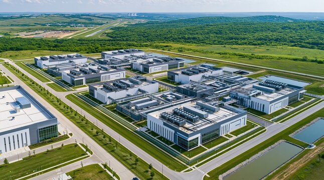 Aerial view of modern factory complex surrounded by greenery and roads