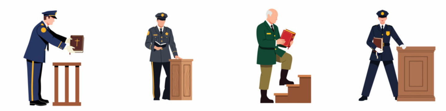 Flat vector illustration set of police officers and officials in uniform holding bibles and books near podiums on a white background.