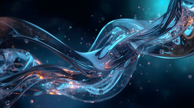 Abstract Liquid Glass Wave Swirls with Glowing Particles on Dark Blue Background