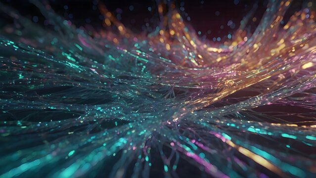 Abstract Iridescent Fiber Wave Texture with Glowing Turquoise and Purple Light
