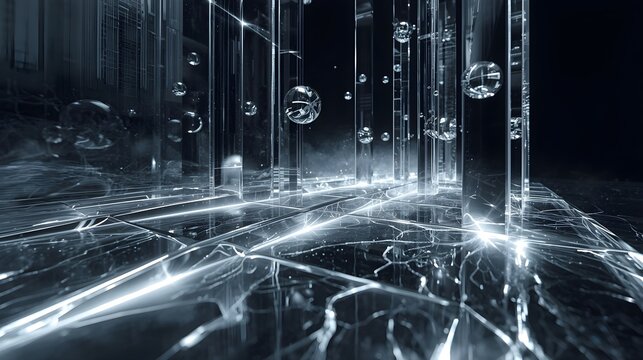 3D abstract glass structures and ice canyon with mirror water reflections at dusk