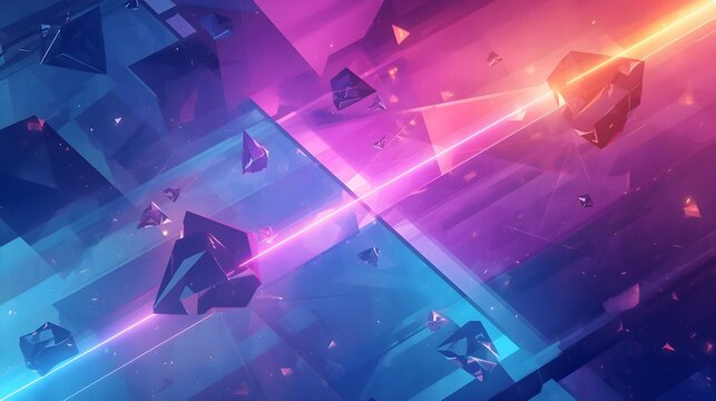 Futuristic 3D Crystal Geometries Floating with Neon Laser Beam in Cyberpunk Space