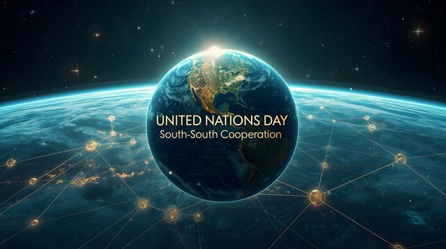United Nations Day for South-South Cooperation banner with digital planet earth and global network connections