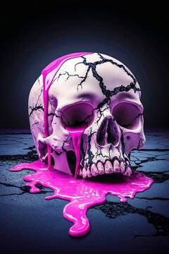 A skull with pink paint dripping down the side of it