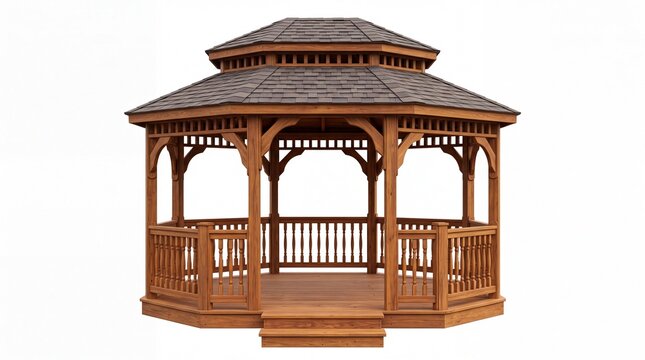 Wooden garden gazebo structure with a shingle roof