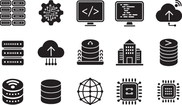 Group of data center and technology infrastructure icons for computing and networking systems. Vector illustration