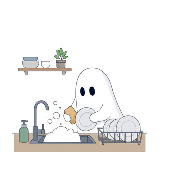 Ghost washing dishes in the kitchen with soap bubbles and a dish rack.