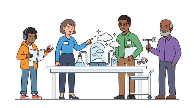 Diverse group learning science experiment on white background