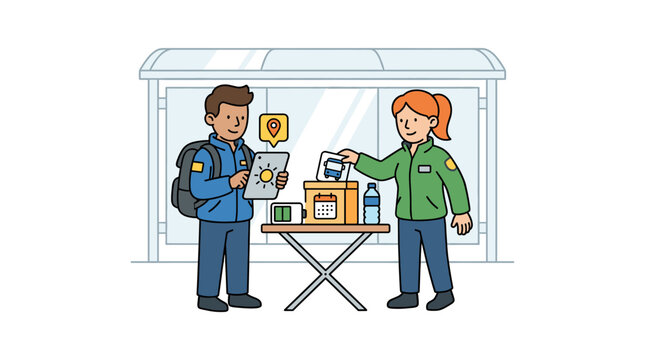 Bus station attendant helps traveler with tablet