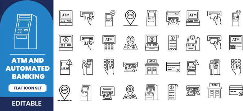 Atm and banking icon set editable line art for financial applications