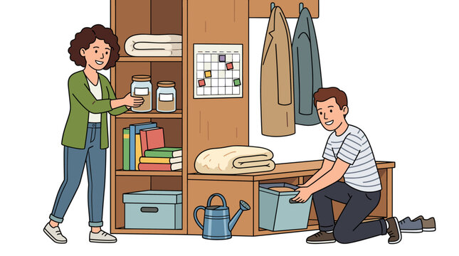 Couple organizing closet with clothes and storage bins
