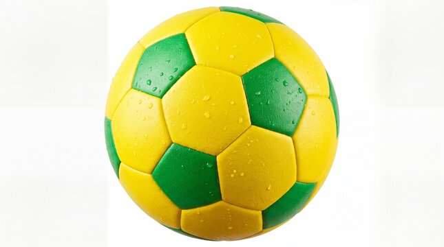 Yellow and green soccer ball with water drops