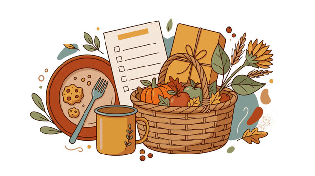 Autumn harvest basket with food and checklist
