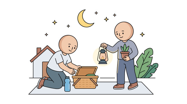 People preparing for night picnic with lantern and plant