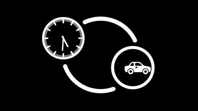 Minimalist clock and car animation on black background