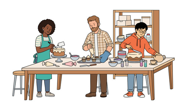 People baking and decorating cakes and cupcakes together