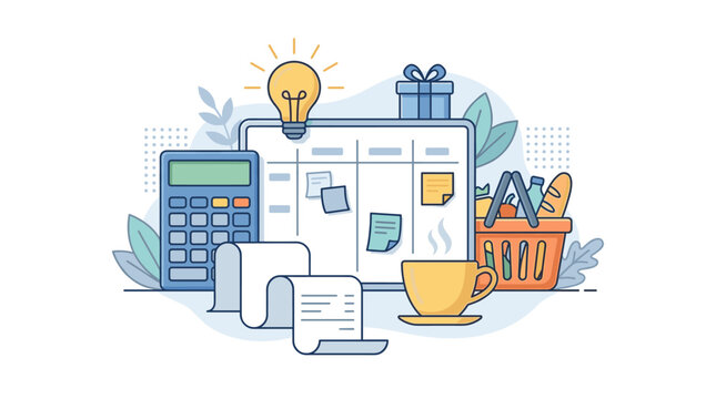 Budgeting and planning illustration with calculator receipts and shopp