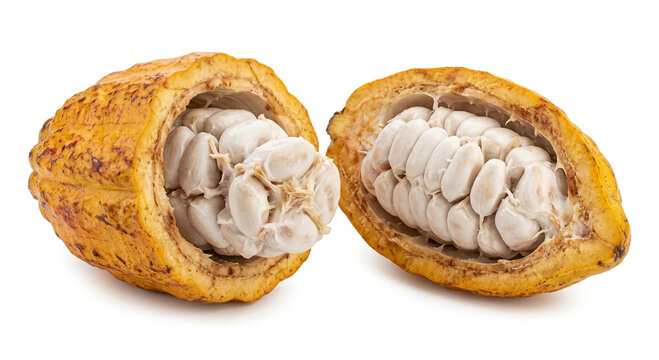 Yellow cacao pod cut open revealing white beans and pulp