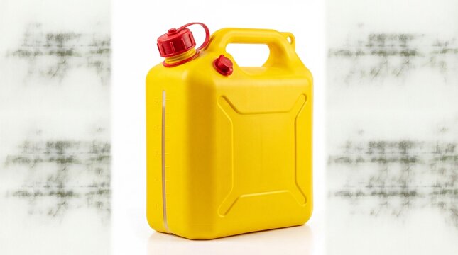 Yellow plastic fuel can with a red cap