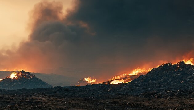 Volcanic eruption with fiery lava flow and smoke clouds at dusk