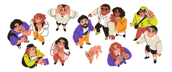 Naklejka premium Scared people afraid of something, looking up with fear, shock, panic. Anxious terrified characters startled upward with worried face expressions. Flat vector illustration isolated on white background