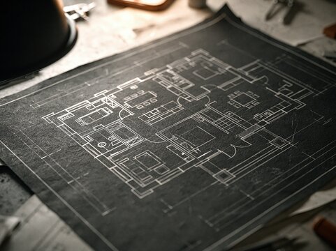 Architectural blueprint on table with tools and desk details