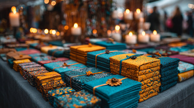 Handmade fabric stacks at a craft market. Colorful textile bundles displayed at a holiday fair.