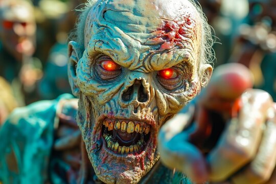 A close up of a zombie with red eyes and fangs