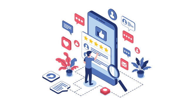 Isometric illustration of user feedback and customer review on mobile screen with rating stars and positive testimonials.