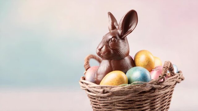 A festive Easter basket filled with colorful chocolate eggs and a cute chocolate rabbit, ready for the holiday celebration.