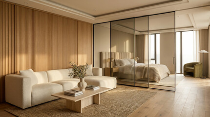 Fototapeta premium Minimalist Modern Open Concept Bedroom and Living Area with Natural Wood Paneling and Glass Partition