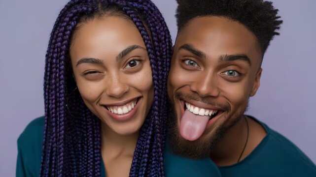 Young couple making playful faces against plain background