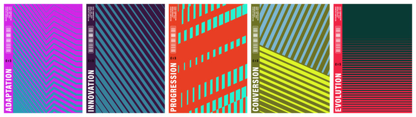 Abstract geometric art covers set with modern typography patterns and bright color gradients. © riazul