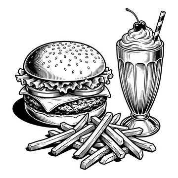 A classic diner meal featuring a stacked cheeseburger, a generous serving of crispy French fries, and a tall whipped cream milkshake topped with a cherry, arranged in a nostalgic American restaurant.