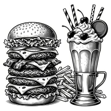 A classic diner meal featuring a stacked cheeseburger, a generous serving of crispy French fries, and a tall whipped cream milkshake topped with a cherry, arranged in a nostalgic American restaurant.