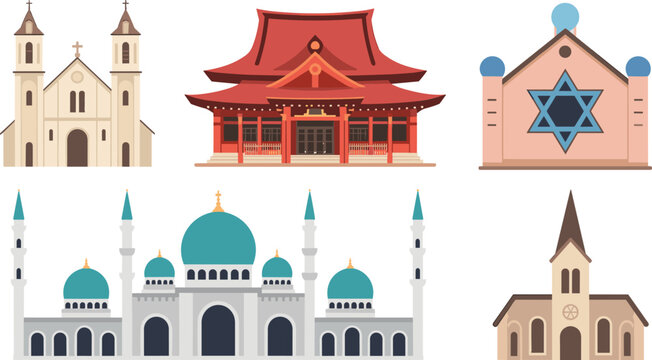 World religions buildings vector illustration set featuring cartoon temple, church, mosque, pagoda, and synagogue icons isolated on white background