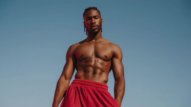 Male model standing shirtless outdoors with low camera angle