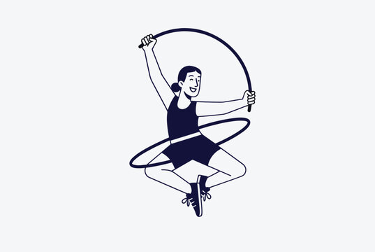 Athletic female gymnast jumping gracefully while performing rhythmic gymnastics with a hoop and a skipping rope.
