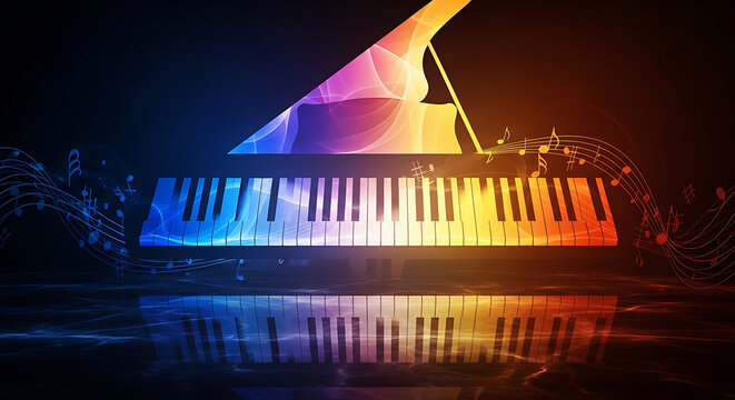 Colorful piano keyboard with music notes and reflection Full HD 4K Download 2025 2026